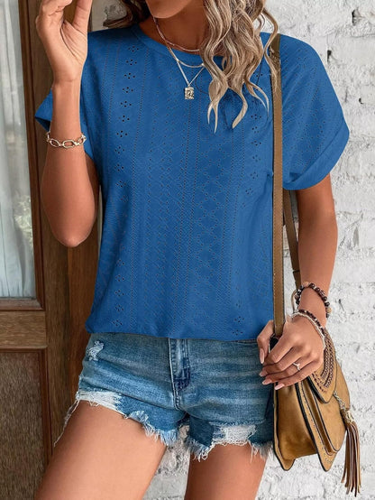 Womens Tops Eyelet Embroidery Summer Spring Curved Hem Short Sleeve Trendy T Shirts