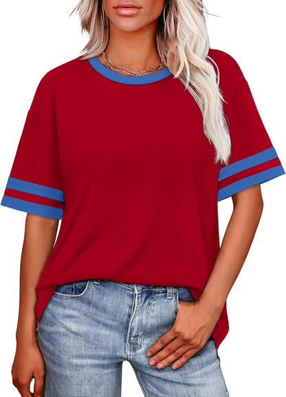 Womens T Shirts Loose Fit Short Sleeve Tees Crew Neck Color Block Summer Tops