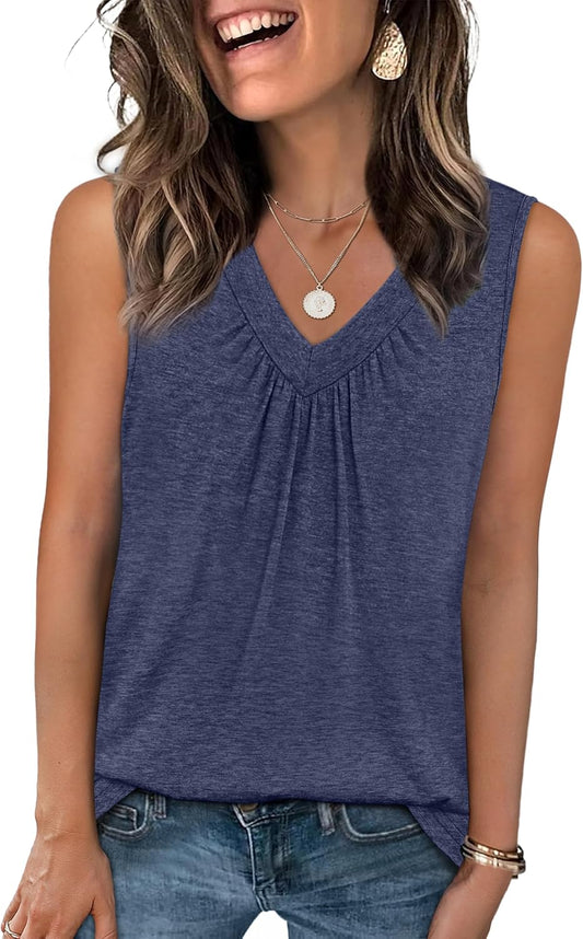 Womens V Neck Tank Top Loose Fit Sleeveless Summer Shirt Ruched Tees and Tanks with Curved Hem
