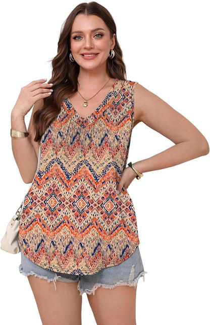 Womens V Neck Tank Top Loose Fit Sleeveless Summer Shirt Ruched Tees and Tanks with Curved Hem