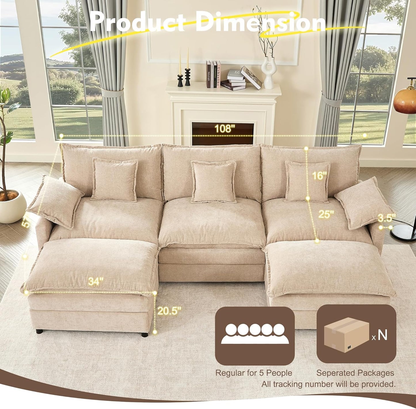 108" U Shaped Couch Modular Sectional Sofa