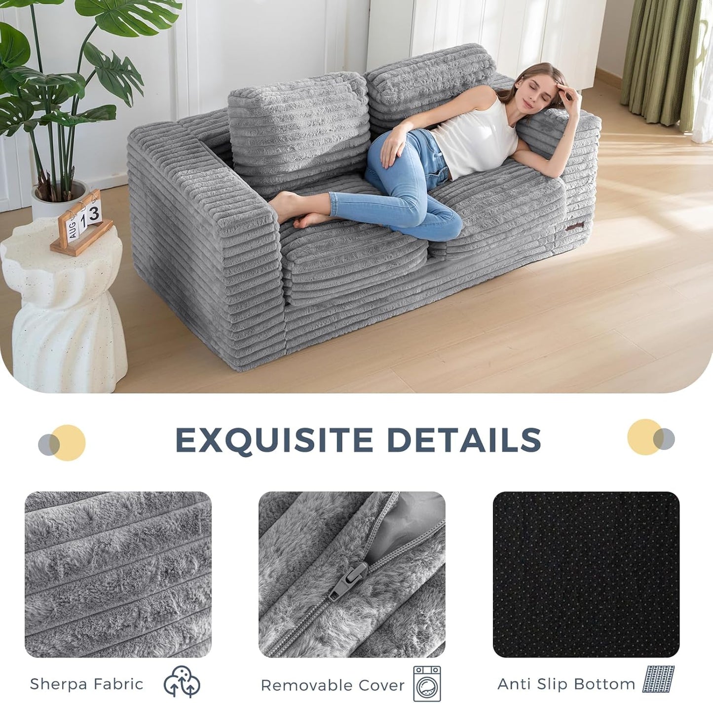 Plush Giant Bean Bag Sofa for Adults Floor Loveseat Chair with Armrests White