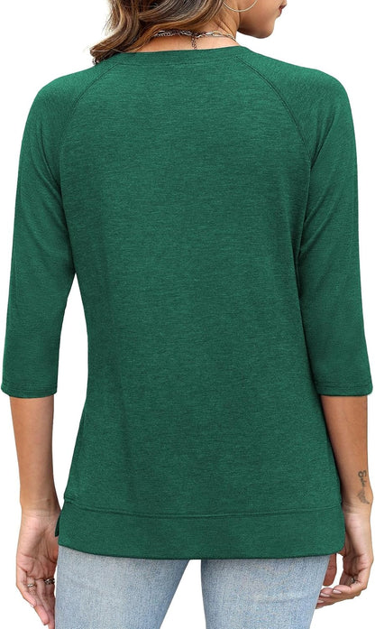 3/4 Sleeve Crew Neck Shirts Loose Fit Tunic Blouses Summer Tees