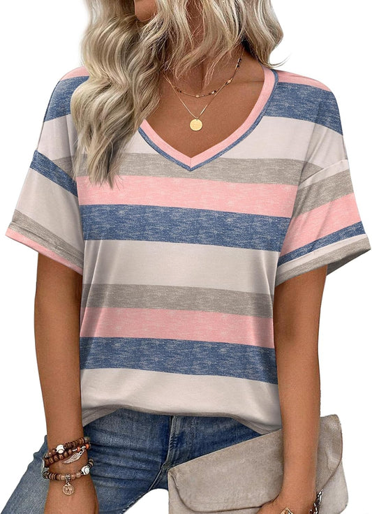 Short Sleeve Casual Shirts Floral Tee Basics V Neck Plain T-shirt