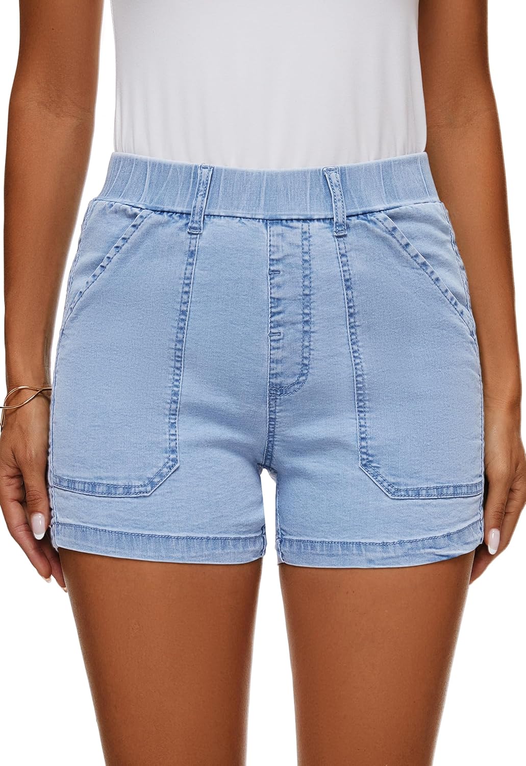 Womens Jean Shorts High Waisted Summer Cotton Elastic Waist Denim Shorts with Pockets