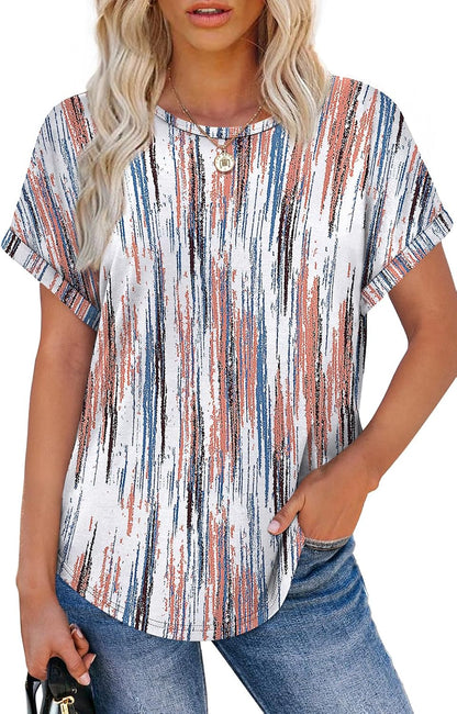Womens T Shirts Crew Neck Rolled Short Sleeve Basic Summer Tees Curved Hem