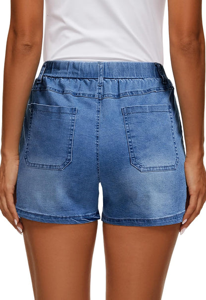 Womens Jean Shorts High Waisted Summer Cotton Elastic Waist Denim Shorts with Pockets