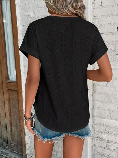 Womens Tops Eyelet Embroidery Summer Spring Curved Hem Short Sleeve Trendy T Shirts