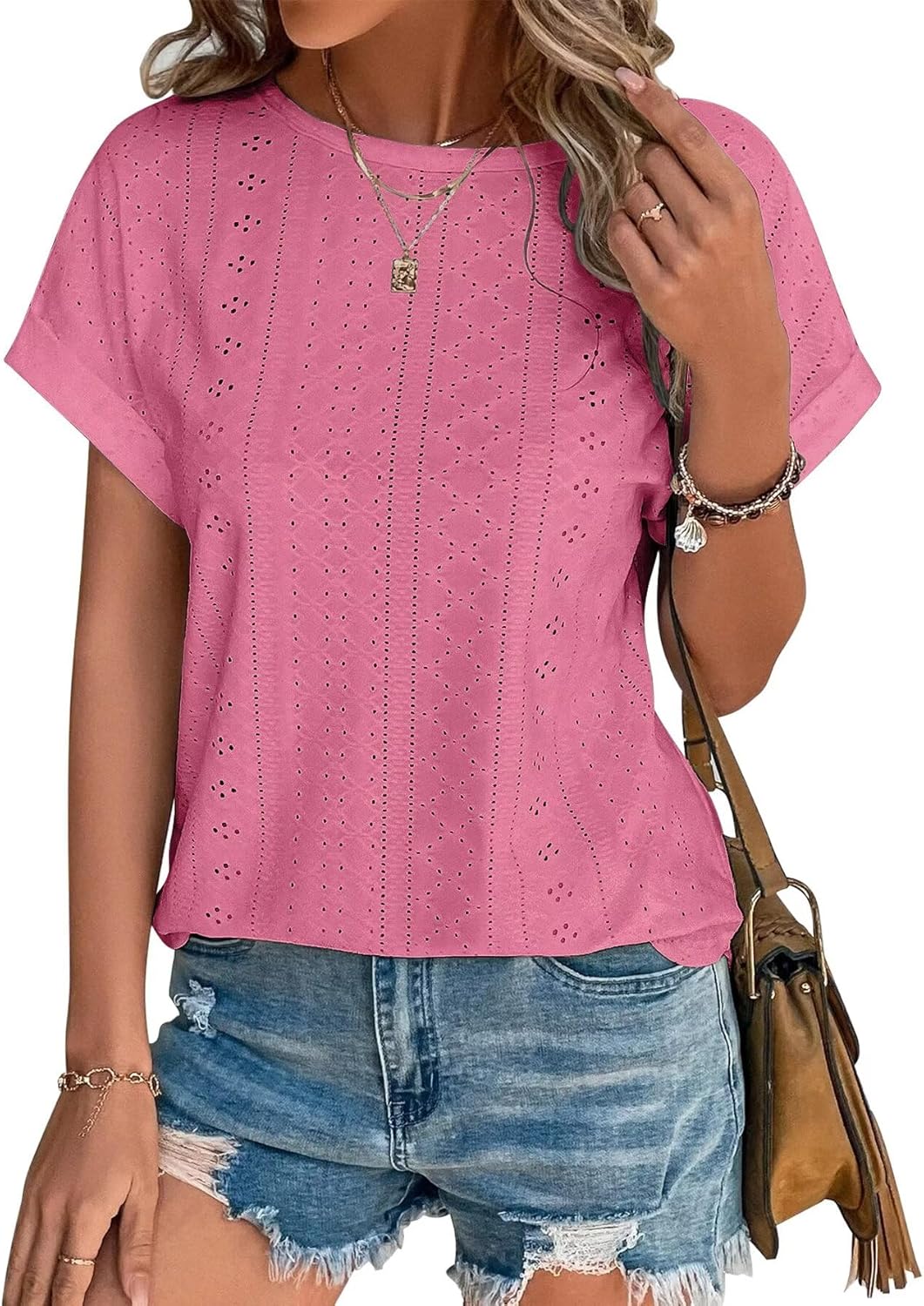 Womens Tops Eyelet Embroidery Summer Spring Curved Hem Short Sleeve Trendy T Shirts