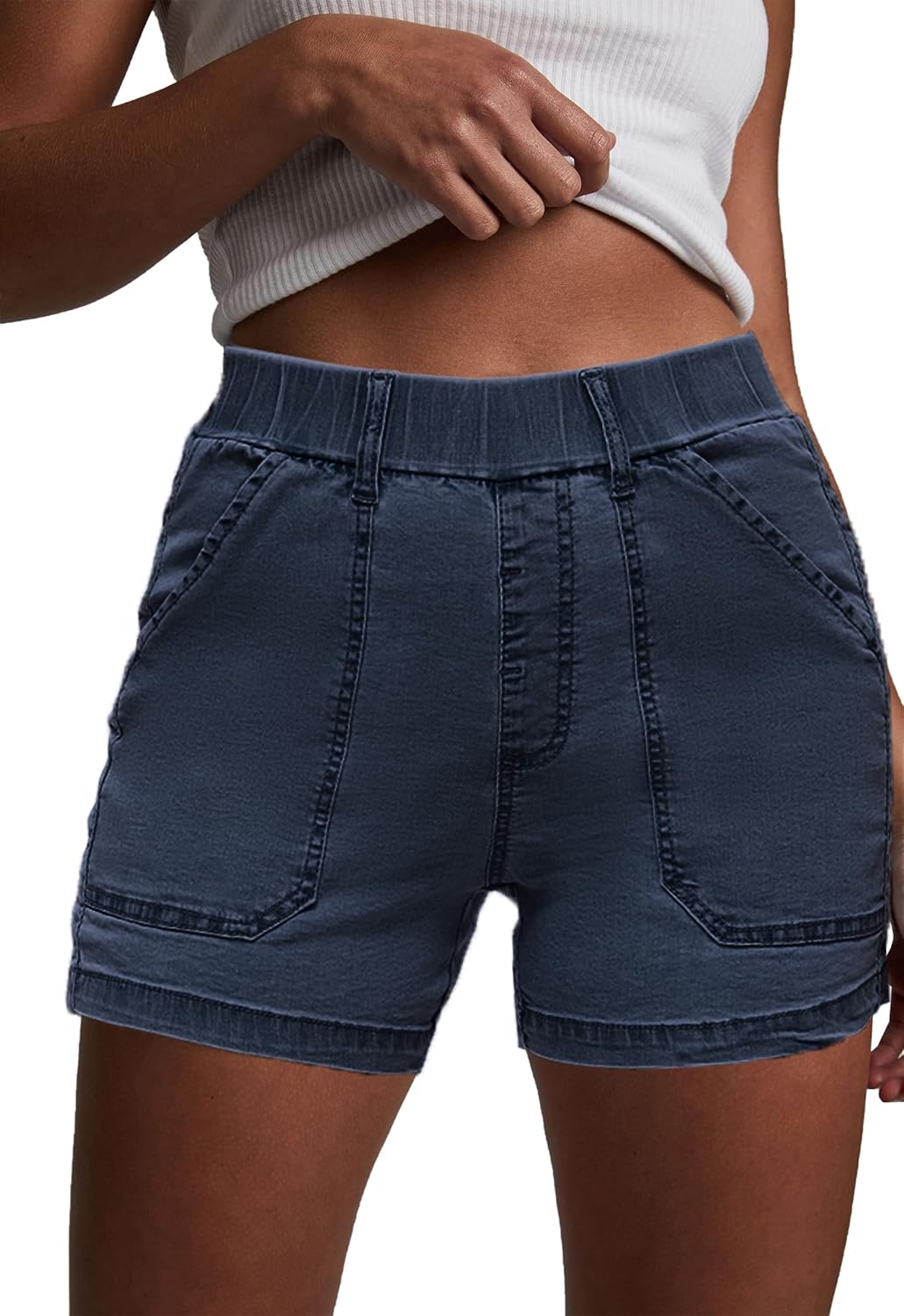 Womens Jean Shorts High Waisted Summer Cotton Elastic Waist Denim Shorts with Pockets