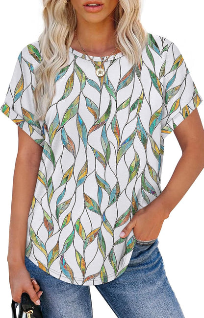 Womens T Shirts Crew Neck Rolled Short Sleeve Basic Summer Tees Curved Hem