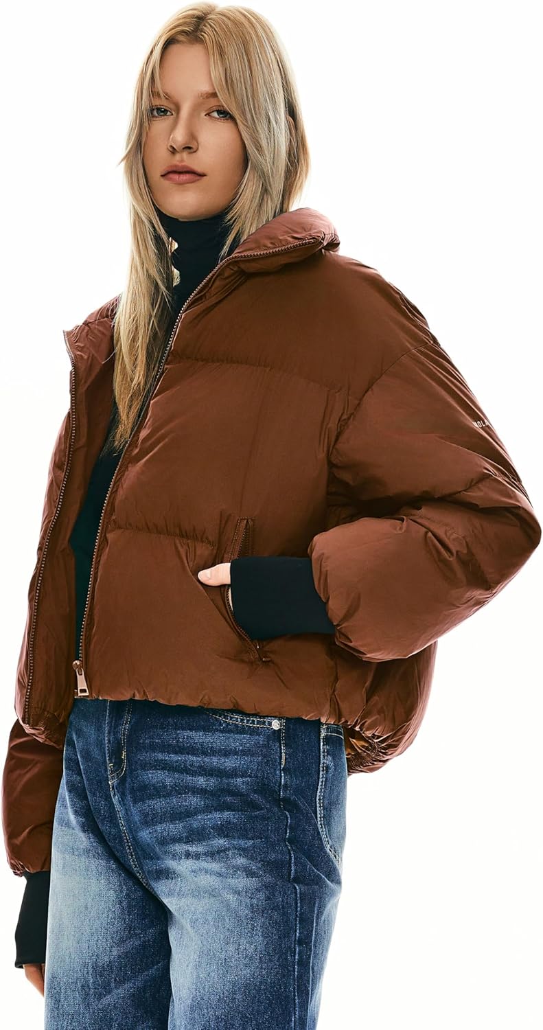 Womens Winter Oversized Cropped Puffer Jacket Zip Up Short Down Coat