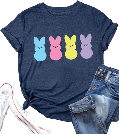 Funny Bunny Print T Shirt for Women Cute Grapic Leopard Shirts Family Blouse Gifts Easter Tops Tee