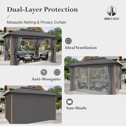 10x13 Outdoor with Screened Double Roof Heavy-Duty Patio Canopy Tent Dark Blue