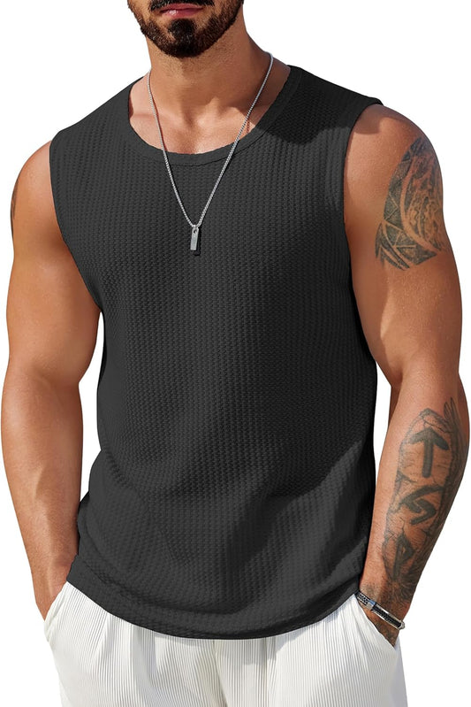 Mens Casual Tank Tops Waffle Knit Sleeveless Shirt Breathable Tank Shirts
