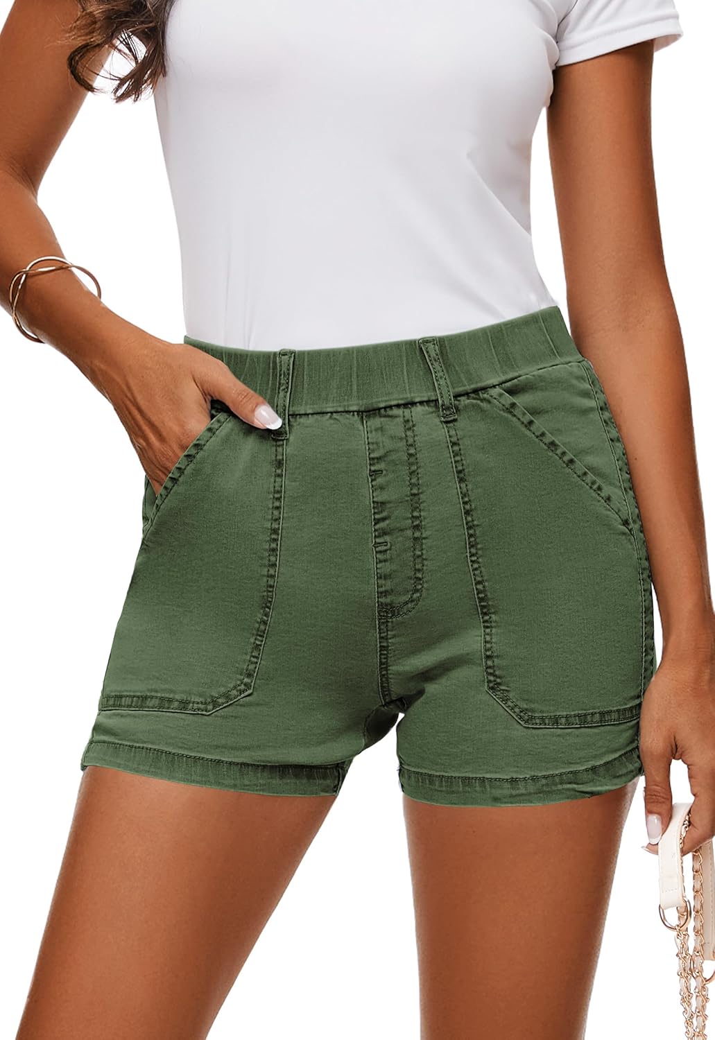 Womens Jean Shorts High Waisted Summer Cotton Elastic Waist Denim Shorts with Pockets