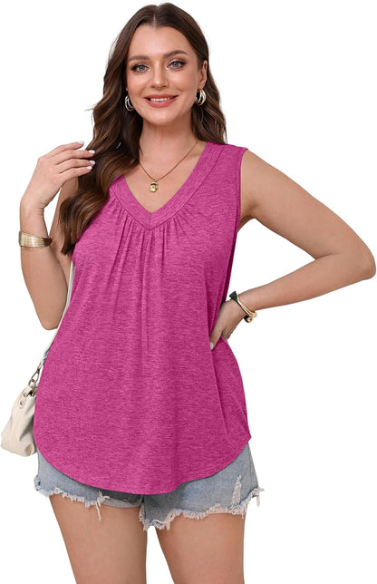 Womens V Neck Tank Top Loose Fit Sleeveless Summer Shirt Ruched Tees and Tanks with Curved Hem