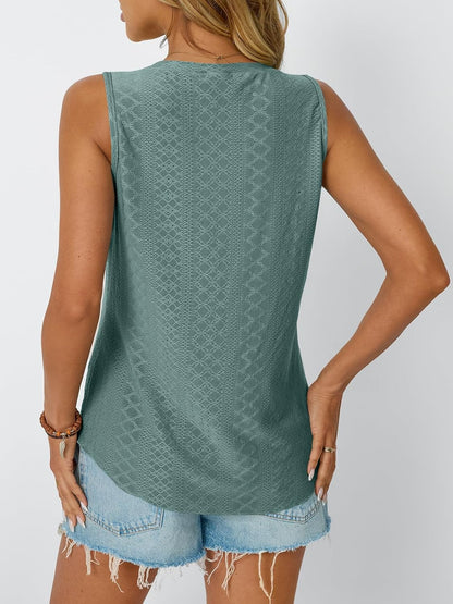 Womens Summer Tank Top Eyelet Embroidery V Neck Sleeveless Loose Fit Casual Shirt