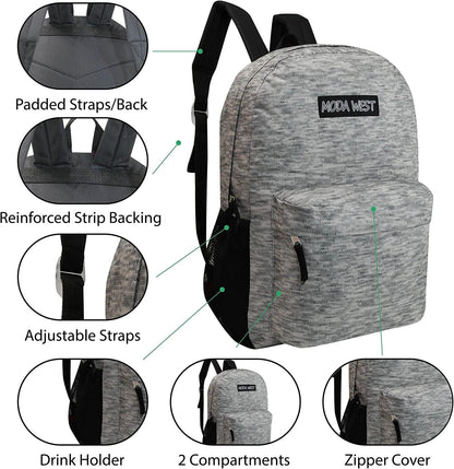 24 Pack 17 Inch Kids Backpacks in 20 Assorted Colors and Prints