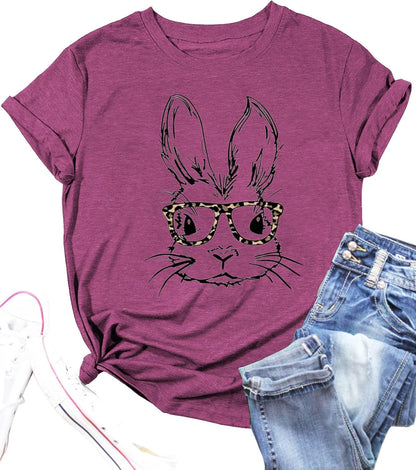 Funny Bunny Print T Shirt for Women Cute Grapic Leopard Shirts Family Blouse Gifts Easter Tops Tee