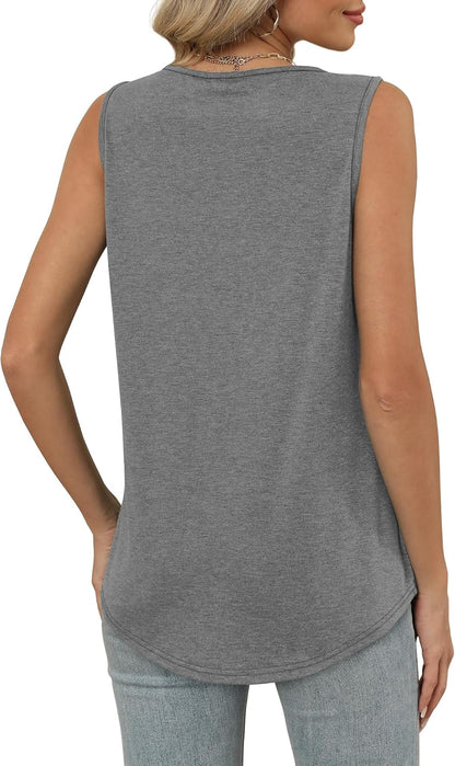 Womens V Neck Tank Top Loose Fit Sleeveless Summer Shirt Ruched Tees and Tanks with Curved Hem