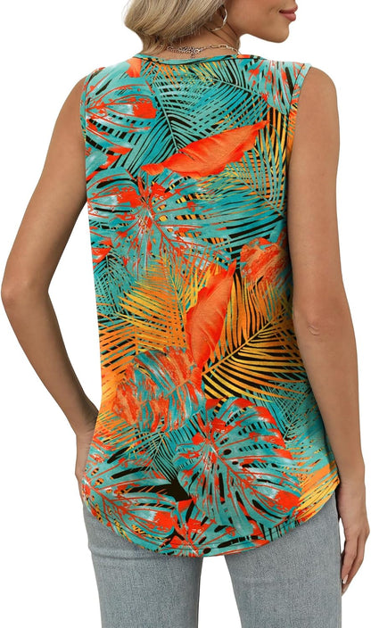 Womens V Neck Tank Top Loose Fit Sleeveless Summer Shirt Ruched Tees and Tanks with Curved Hem