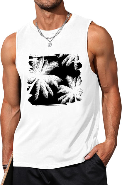 Mens Tank Tops Beach Summer Sleeveless Shirts Graphic Palm Tree Vacation