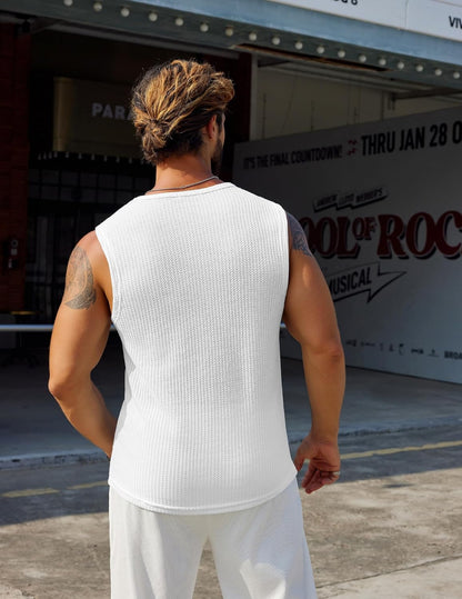 Mens Casual Tank Tops Waffle Knit Sleeveless Shirt Breathable Tank Shirts