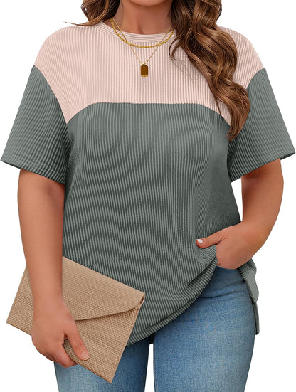 Womens Plus Size Short Sleeve Color Block Pullover Tunic Tops