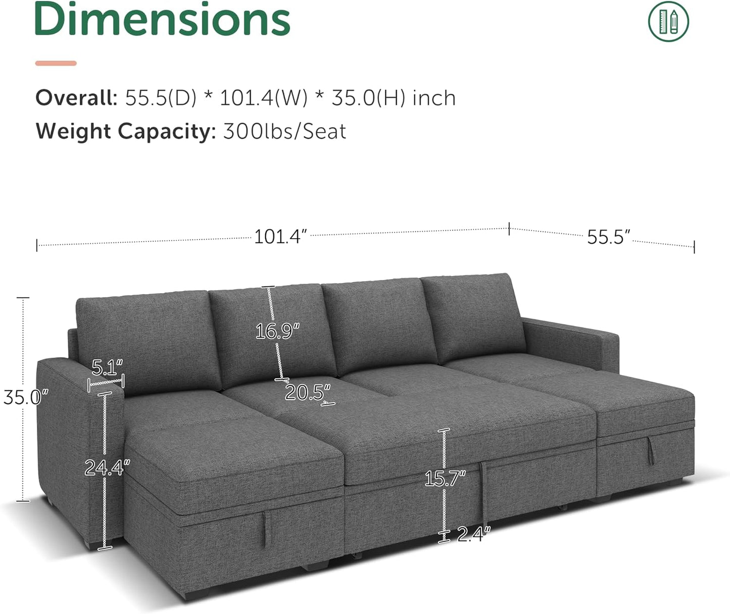 Modular L-Shaped Sleeper Sofa with Pull-Out Bed and Storage