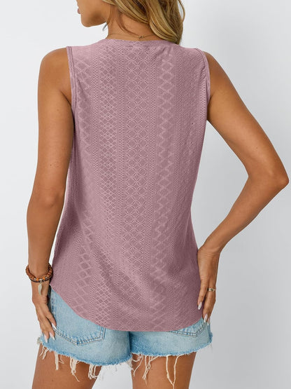 Womens Summer Tank Top Eyelet Embroidery V Neck Sleeveless Loose Fit Casual Shirt