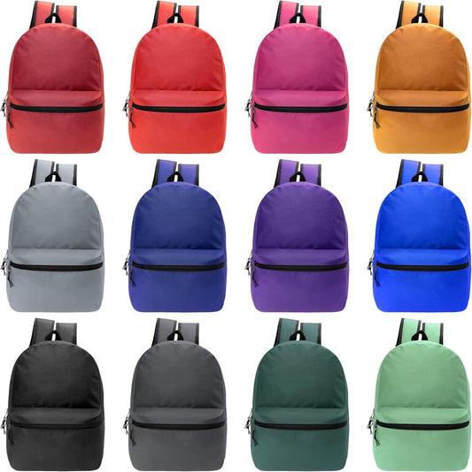 24 Pack 15 Inch Kids Backpacks in Bulk 12 Assorted Colors