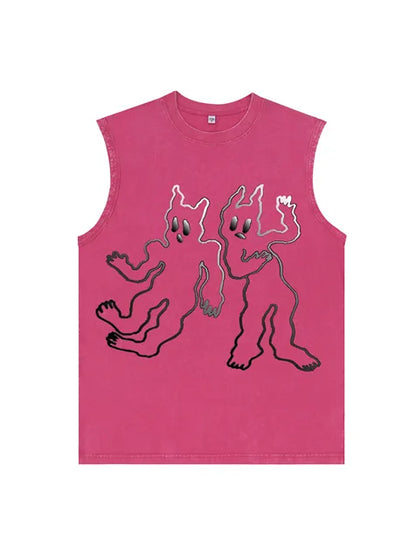 230g Abstract Line Cartoon Printed Wash Old Sleeveless T-shirt