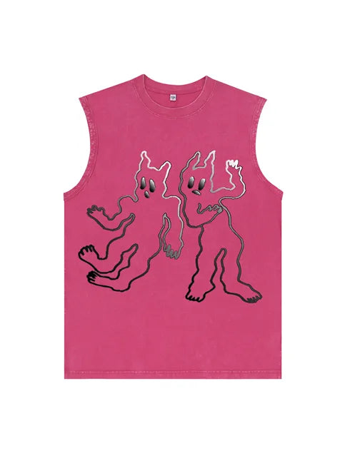 230g Abstract Line Cartoon Printed Wash Old Sleeveless T-shirt