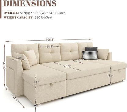 2-in-1 Oversized Sectional Sofa Bed 110" Pull-Out Couch with Storage Chaise Dark Grey