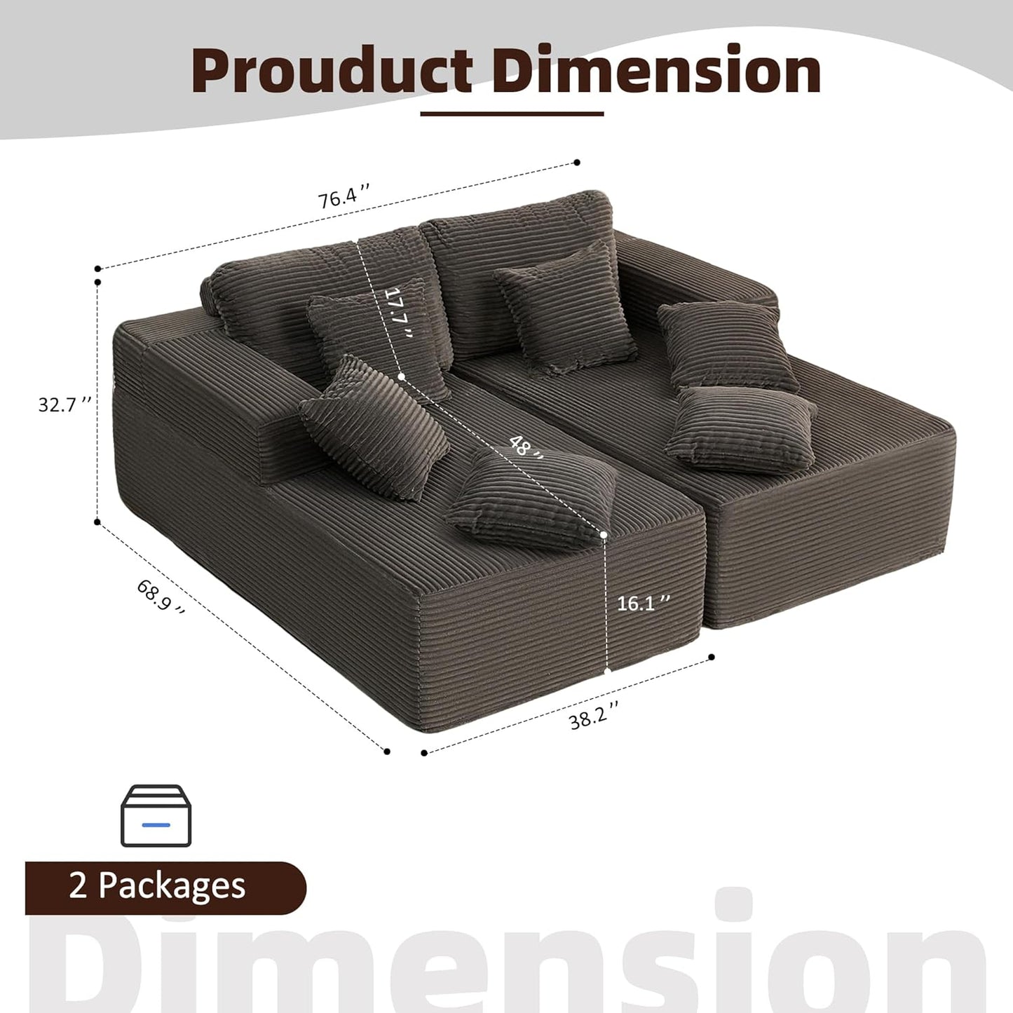 107" Boneless Couch with Deep Seat Cloud Sectional Couch for Living Room