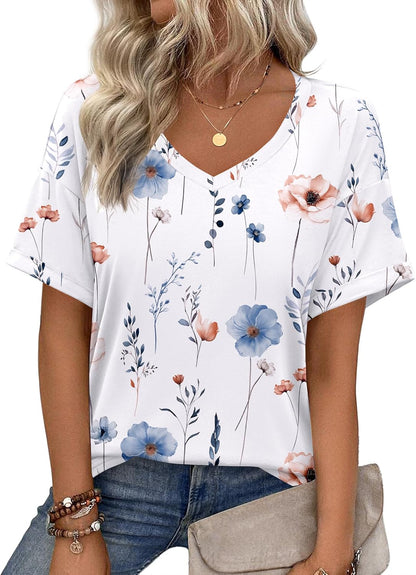 Short Sleeve Casual Shirts Floral Tee Basics V Neck Plain T-shirt