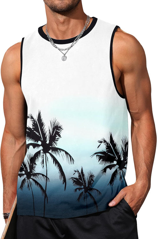 Mens Tank Tops Beach Summer Sleeveless Shirts Graphic Palm Tree Vacation