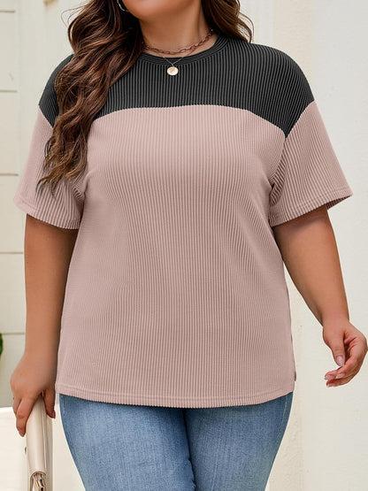 Womens Plus Size Short Sleeve Color Block Pullover Tunic Tops