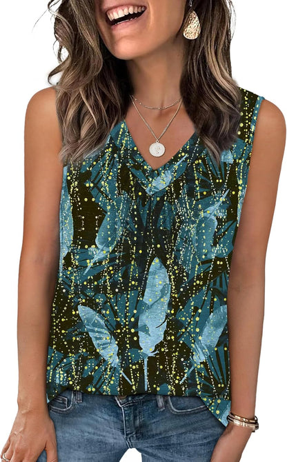 Womens V Neck Tank Top Loose Fit Sleeveless Summer Shirt Ruched Tees and Tanks with Curved Hem