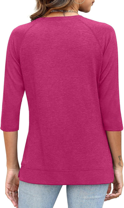 3/4 Sleeve Crew Neck Shirts Loose Fit Tunic Blouses Summer Tees