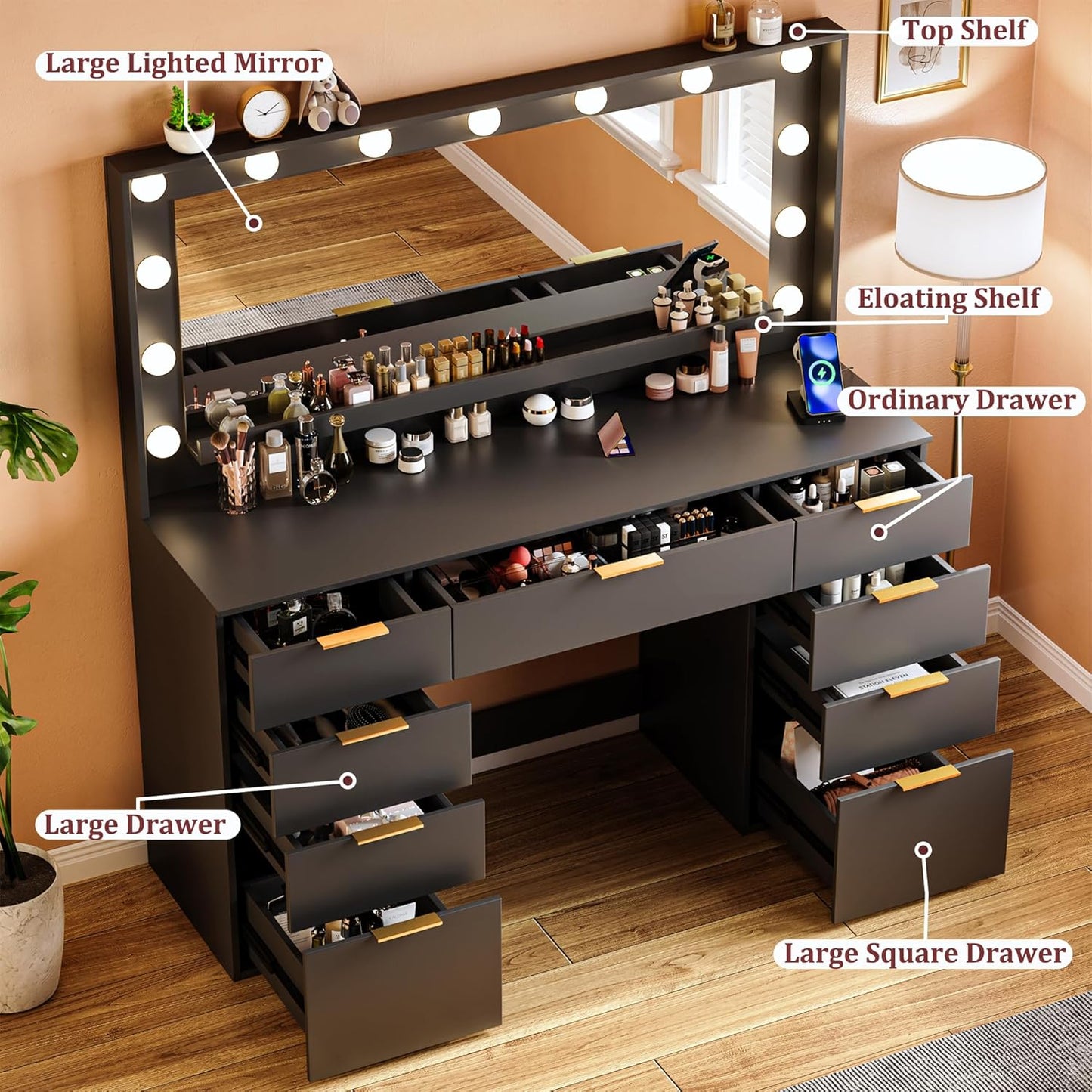 Vanity Desk with Mirror and Lights 39.3in Makeup Vanity with Large Mirror