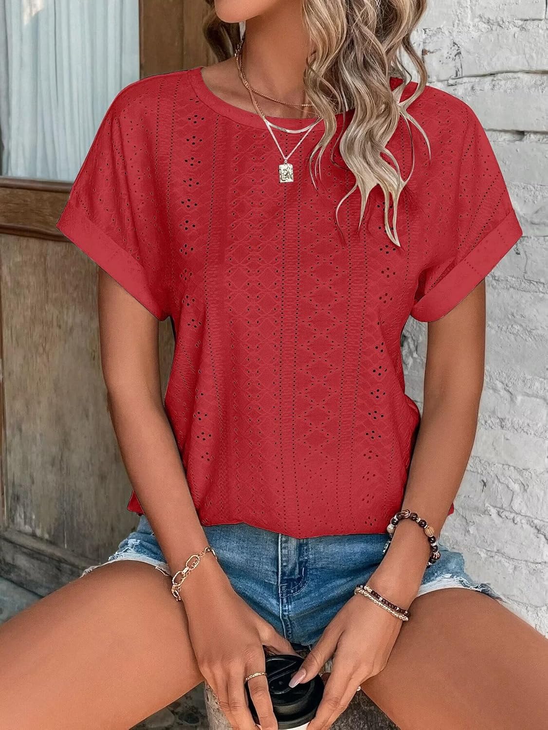 Womens Tops Eyelet Embroidery Summer Spring Curved Hem Short Sleeve Trendy T Shirts