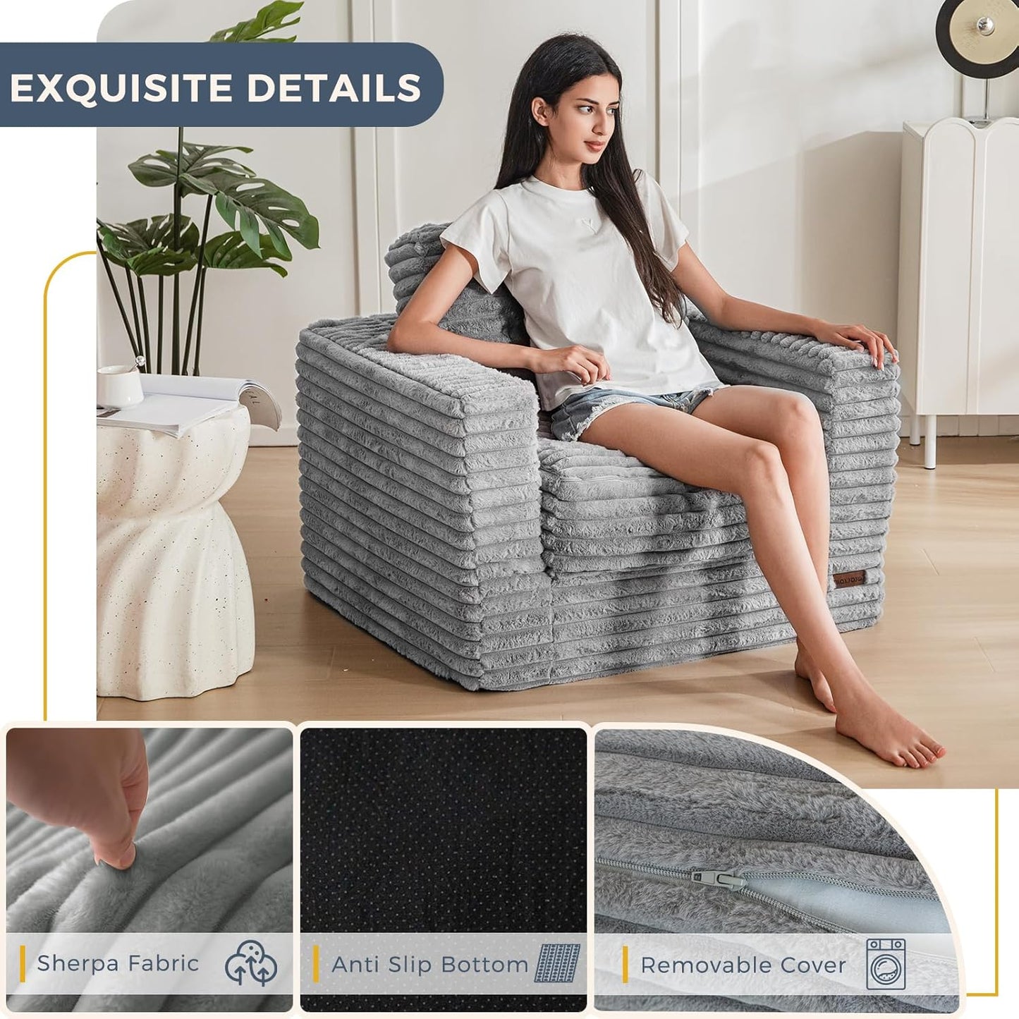 Plush Giant Bean Bag Sofa for Adults Floor Loveseat Chair with Armrests White