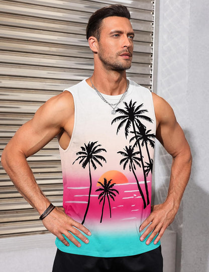 Mens Tank Tops Beach Summer Sleeveless Shirts Graphic Palm Tree Vacation