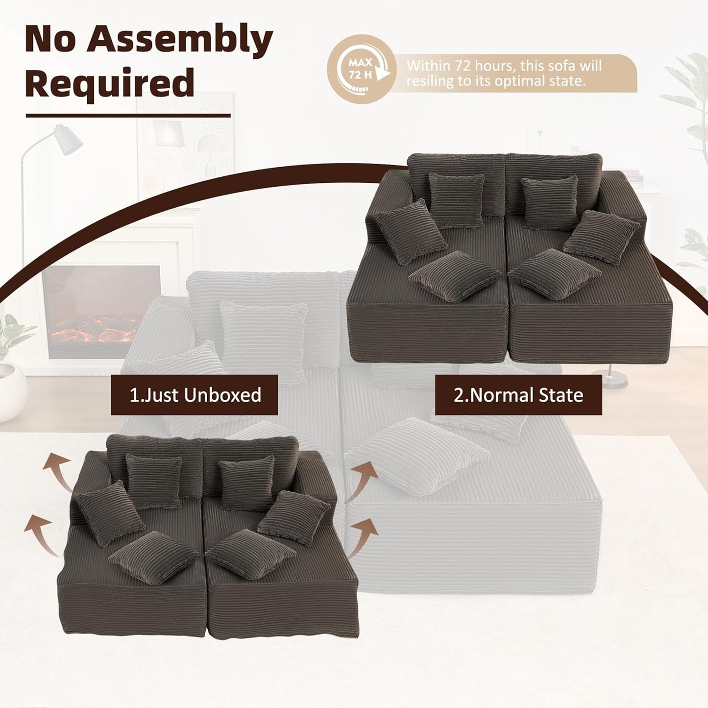 107" Boneless Couch with Deep Seat Cloud Sectional Couch for Living Room