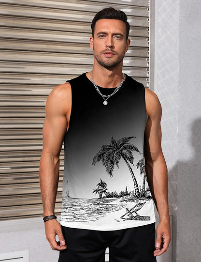Mens Tank Tops Beach Summer Sleeveless Shirts Graphic Palm Tree Vacation