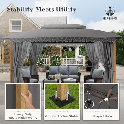 10x13 Outdoor with Screened Double Roof Heavy-Duty Patio Canopy Tent Dark Blue