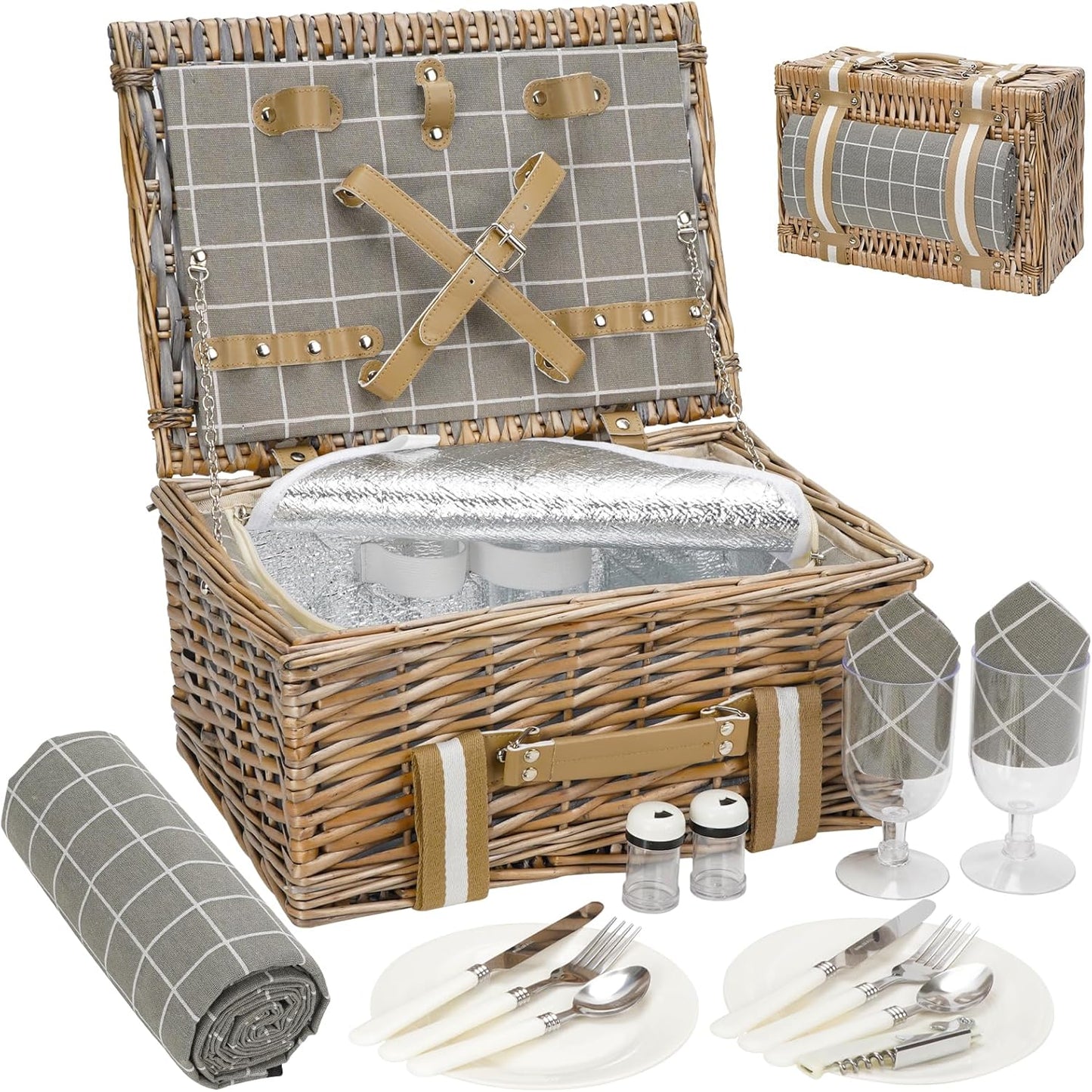 19Pcs Picnic Basket for 2 with Blanket