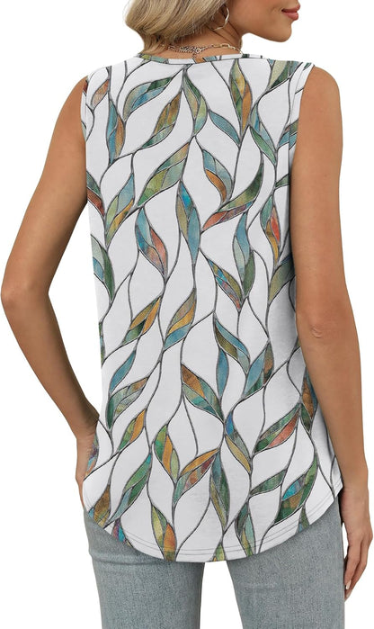 Womens V Neck Tank Top Loose Fit Sleeveless Summer Shirt Ruched Tees and Tanks with Curved Hem